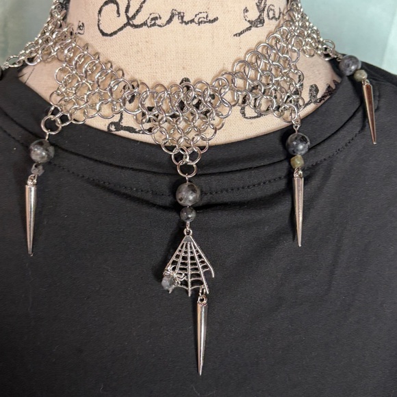 Hand Crafted Jewelry - Handmade Madagascar Labradite Chain Mail Spiderweb Choker witchy luxe goth